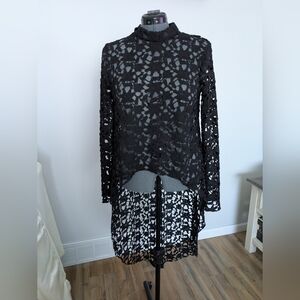 Prettygarden Black Lace High Low Top Size L Elegant Sheer Long Sle